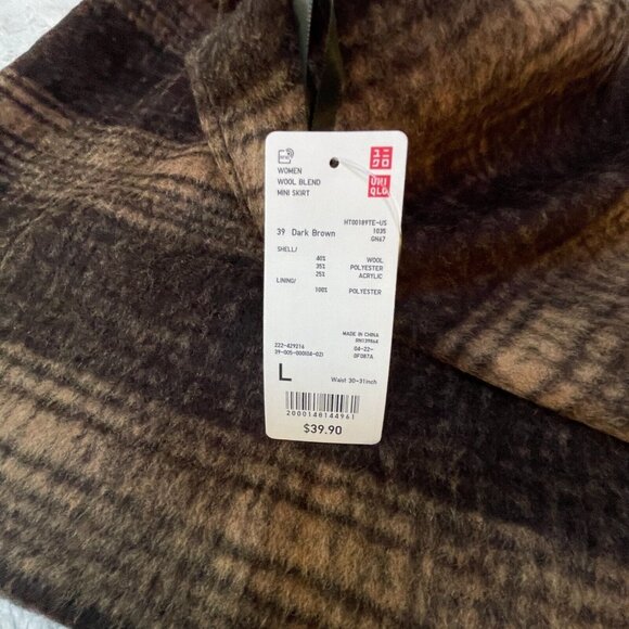 Uniqlo Womens Wool Blend Plaid Mini Skirt Large Dark Brown Career Lined Zip New - Picture 2 of 8